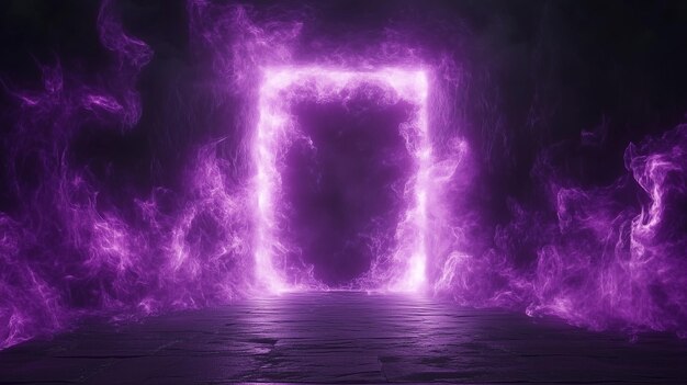 Photo purple glowing portal in a dark room