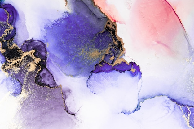 Purple gold abstract background of marble liquid ink art painting on paper .