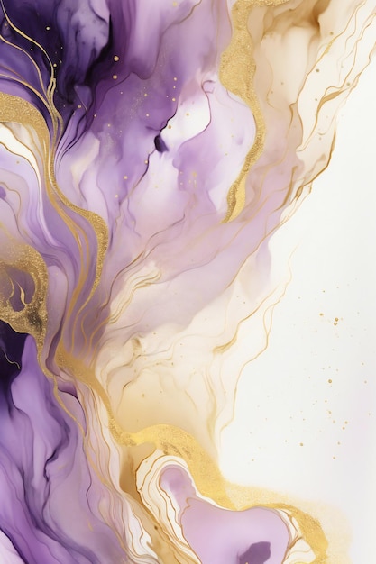 Purple and gold abstract painting with gold paint and white background.