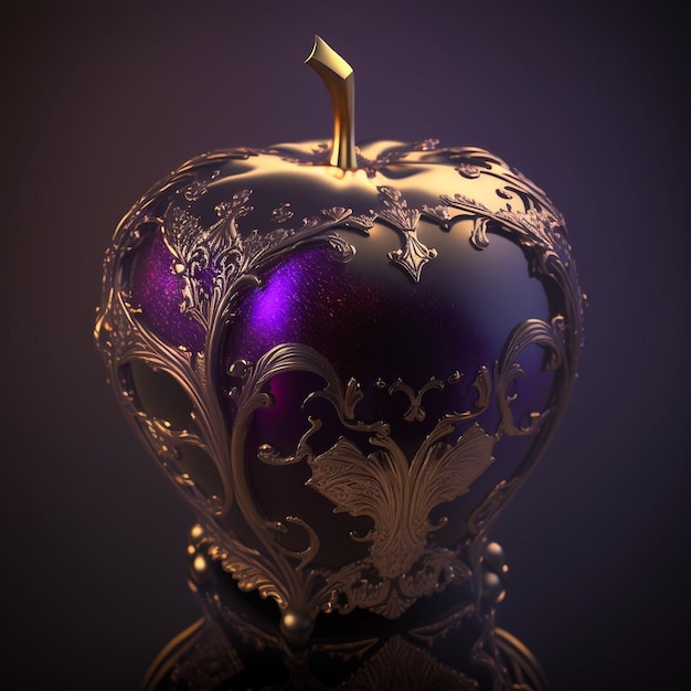 A purple and gold apple with a flower design on it.