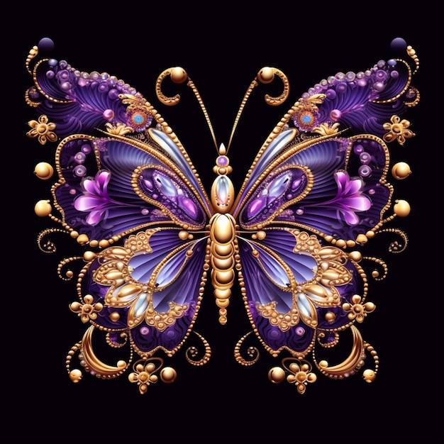 purple and gold butterfly with pearls and pearls on its wings generative ai