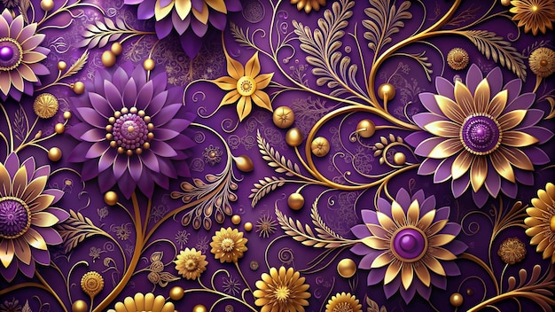 a purple and gold design with flowers and gold leaves