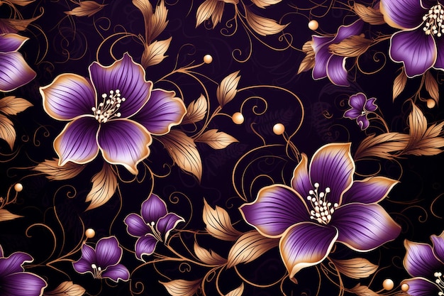 Purple and gold flowers on a dark background