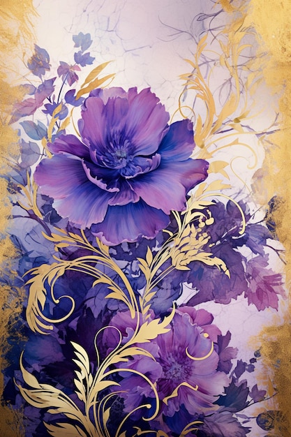 purple and gold flowers on a purple background with gold accents generative ai