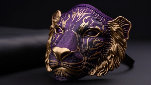 A purple and gold lion mask with gold designs