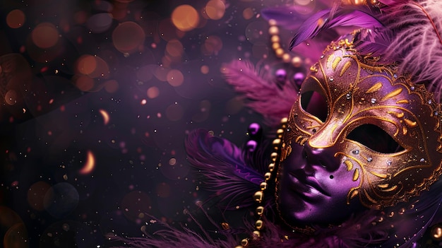 Purple and gold masquerade mask with feathers and beads against a bokeh background