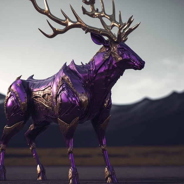 A purple and gold moose statue is standing in a field.