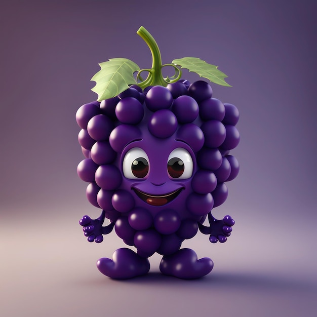 A purple grapes character with a green leaf on its head.