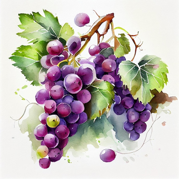 Purple grapes. Watercolor on white paper background. All the fruits.