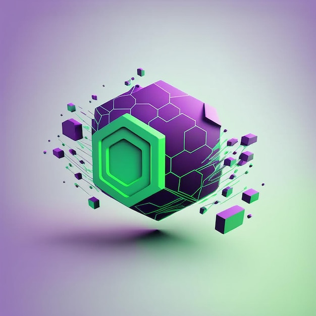 A purple and green background with a purple cube and hexagons.