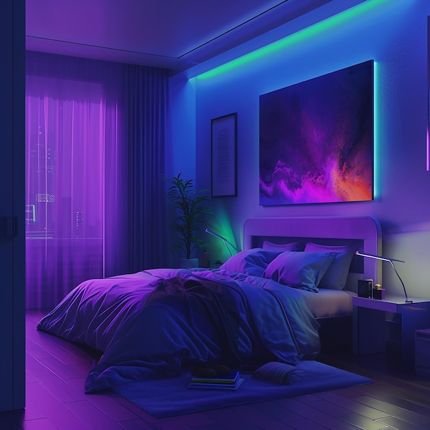 Photo a purple and green light is lit up in a bedroom