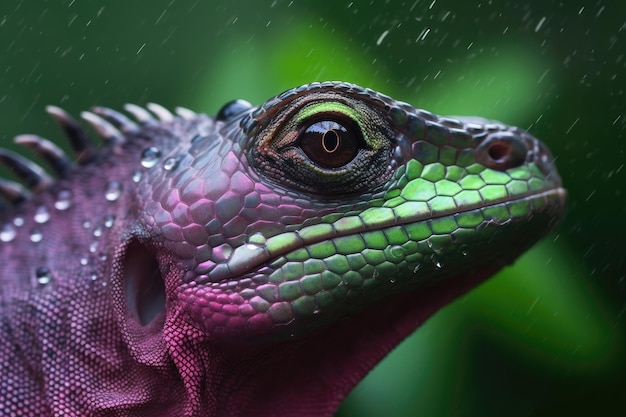 A purple and green lizard with the word iguana on it.