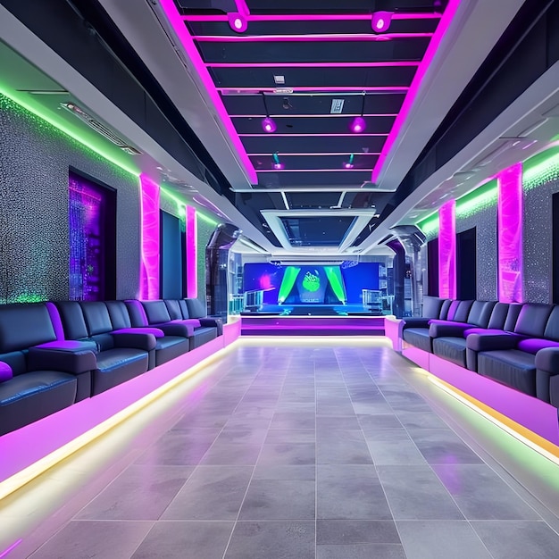 A purple and green lounge with a bar in the background.