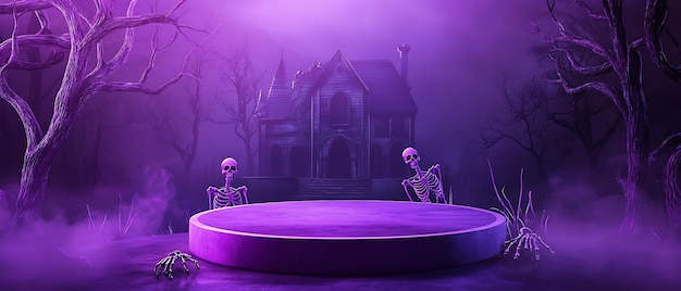 purple halloween scene with a round stage and skeletons in front of a creepy house