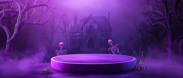 Photo purple halloween scene with a round stage and skeletons in front of a creepy house