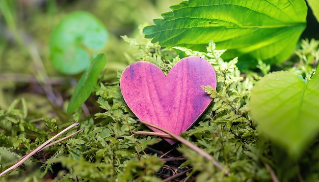 A purple heart sits on a mossy forest floor.