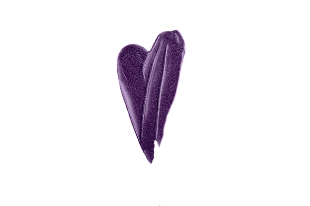 Purple heart smear of lipgloss.Beautifull shimmer texture.Isolated on white photography.