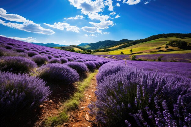 Purple hill covered with flower lavender fields generative IA