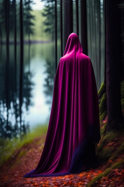 A purple hooded figure stands in a forest with a lake in the background.