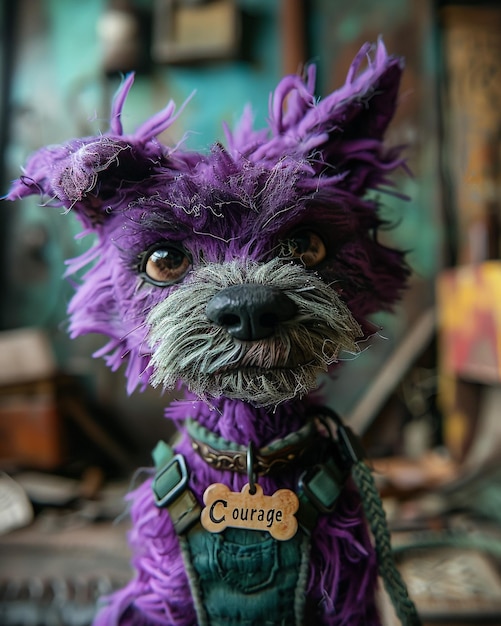 a purple hyper realistic of courage the cowardly dog with a green leash a dog tag that says Courage in a old house in the middle of no where make up close details