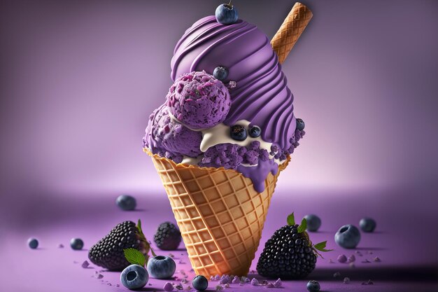 Purple Ice Cream Cone decorated with berries closeup on Purple background Generative AI illustration