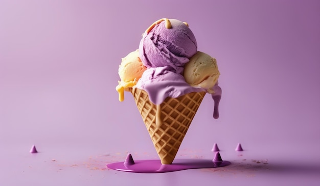 a purple ice cream cone with ice cream on it