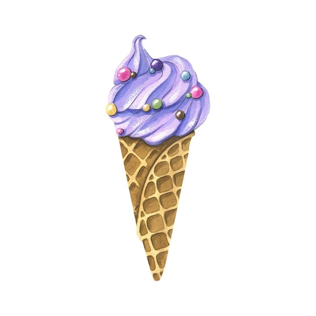 Purple ice cream in a waffle cone with confectionery sprinkles Watercolor illustration An isolated object from a large set of ICE CREAM For decoration design compositions of postcards posters