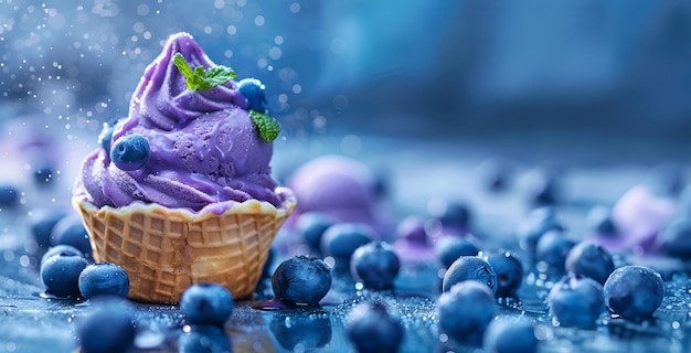 Photo purple ice cream in a waffle cup with summer blueberries