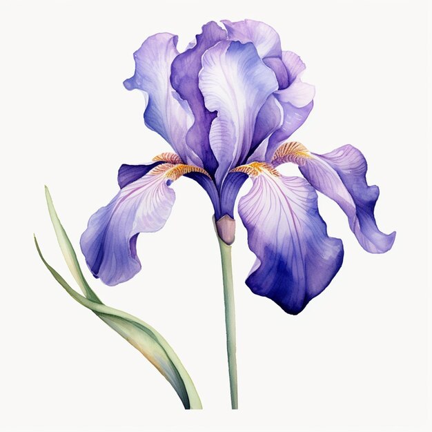 purple iris flower with green stem and leaves on white background generative ai