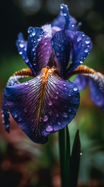 A purple iris with raindrops on it