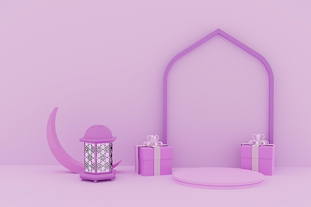 Purple Islamic product display podium with gift box moon lantern and arch with soft background