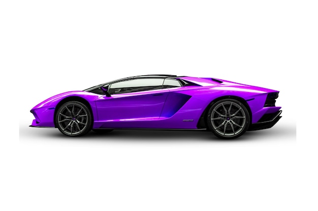 A purple Lamborghini with a black wheel isolated on a white background