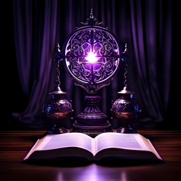 Photo a purple lamp on a table with a purple cover lamp and book on table purple lamp and book on table