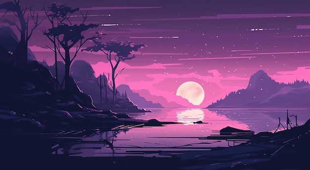 A purple landscape with a full moon and mountains.