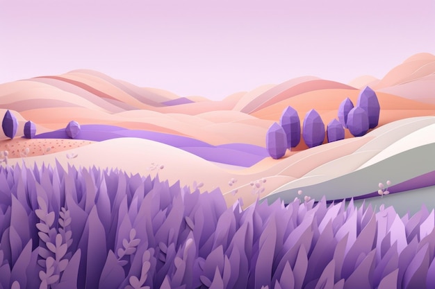 A purple landscape with a lavender field and a purple field.