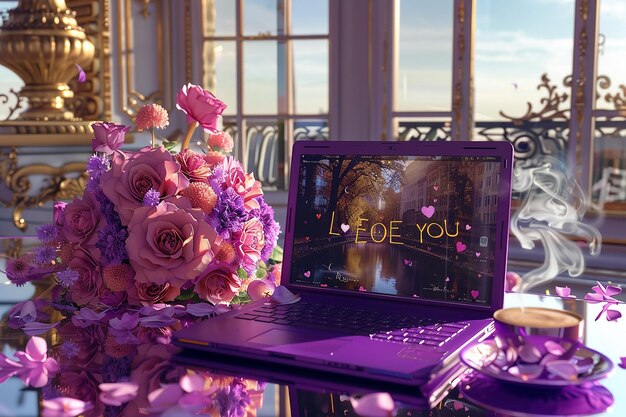 Photo a purple laptop with the word  i love you  on the screen