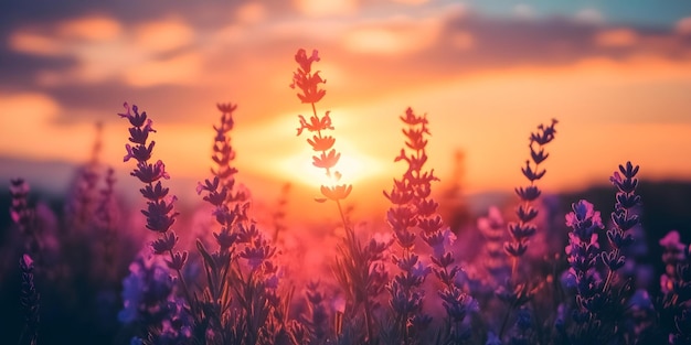 Photo purple lavender blooms with soft sunset