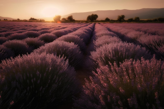 Purple lavender field under the setting sun bees among flowers and wooden fence generative IA