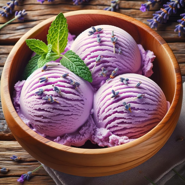 Purple lavender ice cream scoops in wooden bowl garnished with mint leaves Gourmet dessert concept