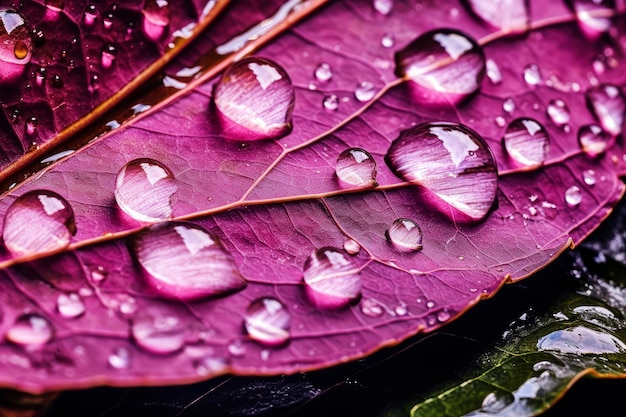 Purple leaves with water drops on them, with the word rain on them.