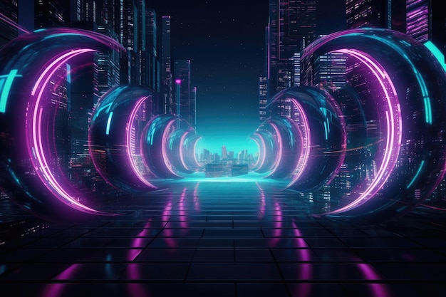 Purple light and circular moving rings and light tunnels and cityscapes Generative AI