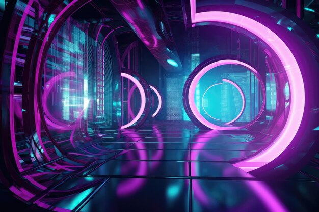 Purple light and circular moving rings and light tunnels and cityscapes Generative AI