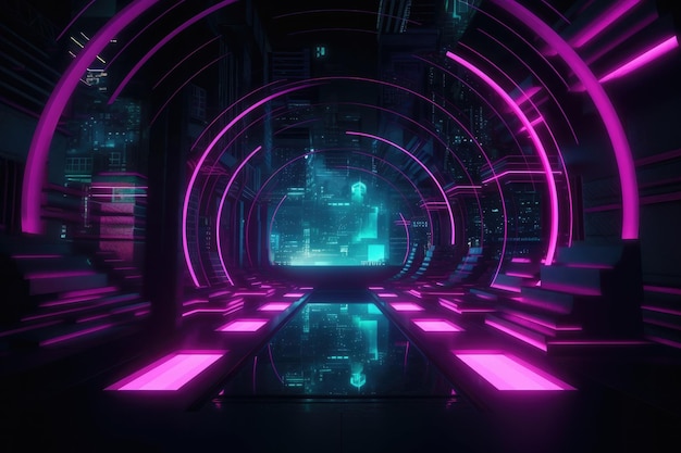 Purple light and circular moving rings and light tunnels and cityscapes Generative AI