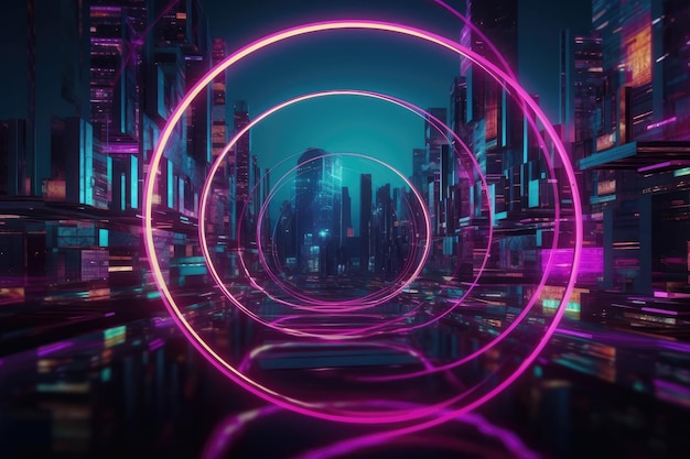 Purple light and circular moving rings and light tunnels and cityscapes Generative AI