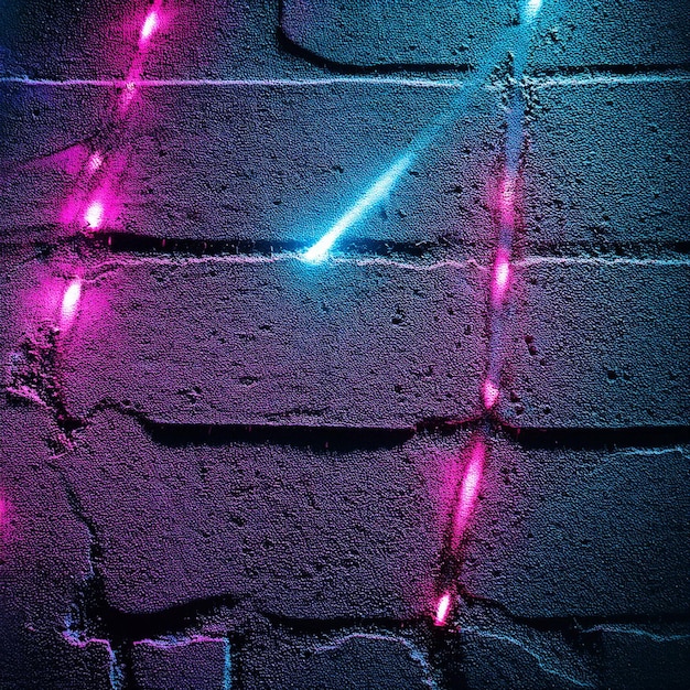 a purple light is shining on a brick wall