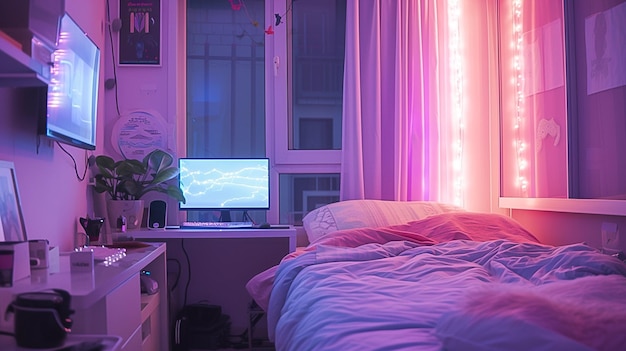 Purple lights illuminate a bedroom with a bed and a laptop