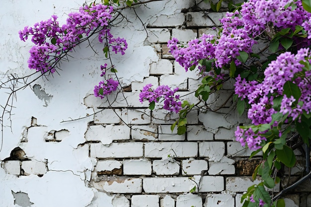 Purple lilac flowers on a white brick wall Spring background