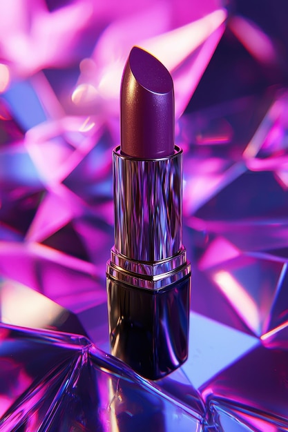 Purple Lipstick with Metallic Finish on Iridescent Crystal Background