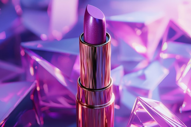 Purple Lipstick with Metallic Finish on Iridescent Crystal Background