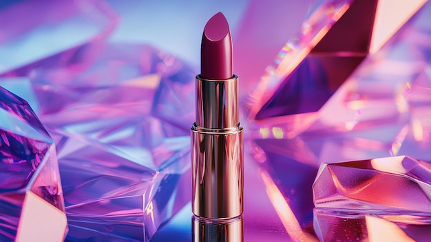 Purple Lipstick with Metallic Finish on Iridescent Crystal Background